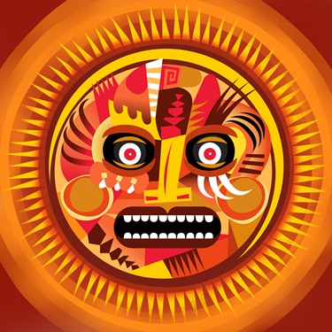 A colorful piece of artwork with a face in the center. 