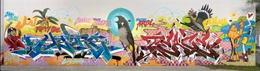 A colorful mural painted on a wall. 