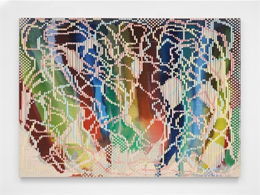A colorful piece of artwork installed on a wall. 