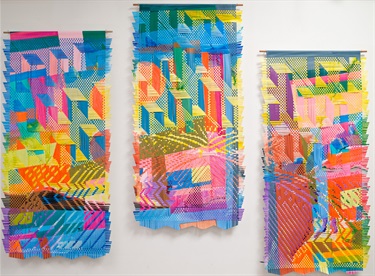 Three colorful pieces of artwork. 