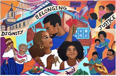 A colorful painting of people and text. 