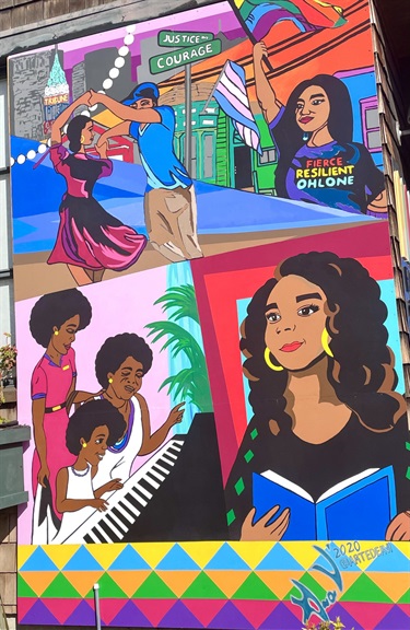 A colorful mural painted on a wall. 