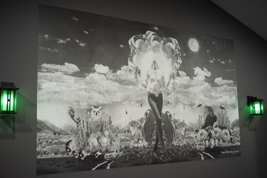 A piece of artwork hung on a wall. 