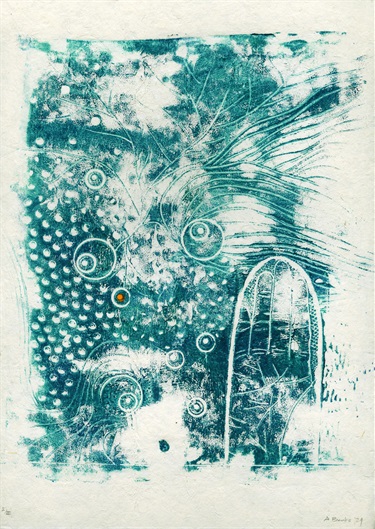A print of artwork with blue and white colors. 