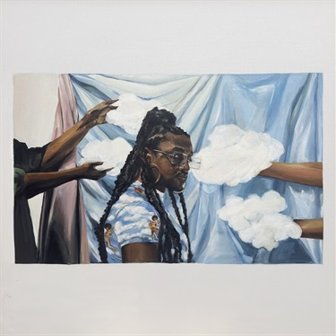 Painting of a person with arms and hands around them. 