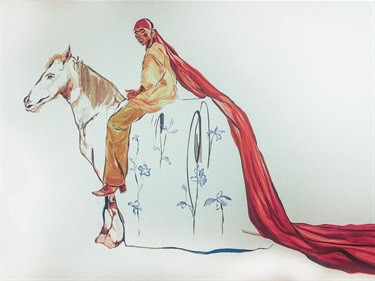 Painting of a person on a white abstract horse and a long red trail.