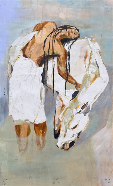 Painting of a person and a horse. 