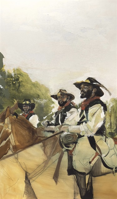 Painting of three people on horses.
