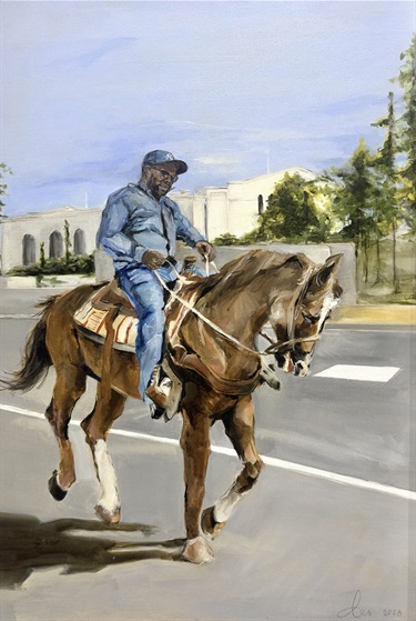 A painting of a person riding a horse on a city street. 