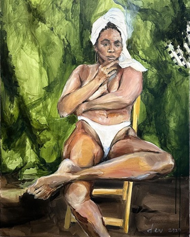 Painting of a person sitting in a chair. 