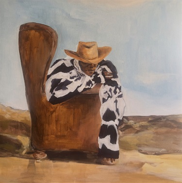 Painting of a person sitting in a brown chair. 