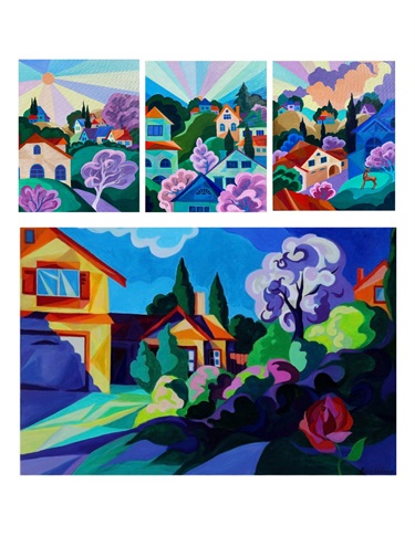 A collection of colorful landscape paintings.