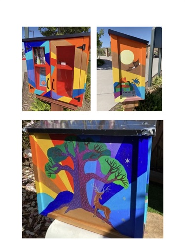 Pictures of a painted free library stand. 