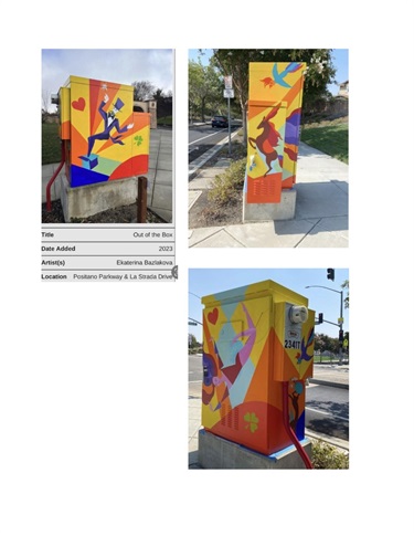 Images of a colorfully painted utility box. 