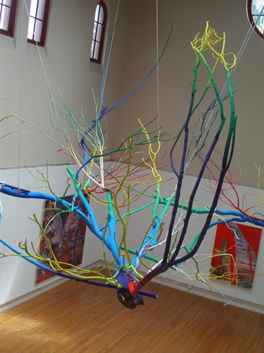 An art installation suspended from the ceiling. 