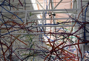 An art installation suspended from the ceiling. 