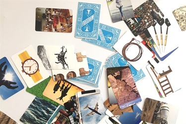 A series of small pictures spread out on a white background. 