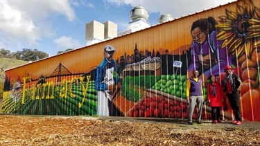 A colorful mural on the side of a building. 