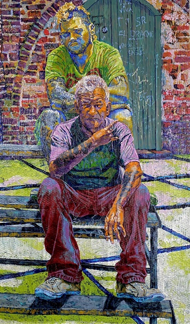 A colorful painting of two people. 