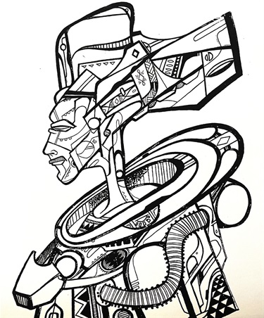 A black and white illustration. 