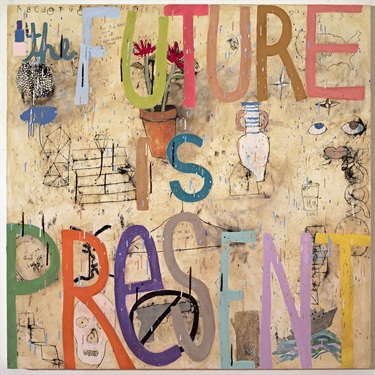 A painting with colorful text. 