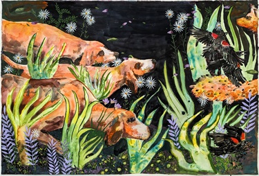 A painting with three dogs. 