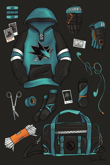 An illustration of clothing and appliances. 