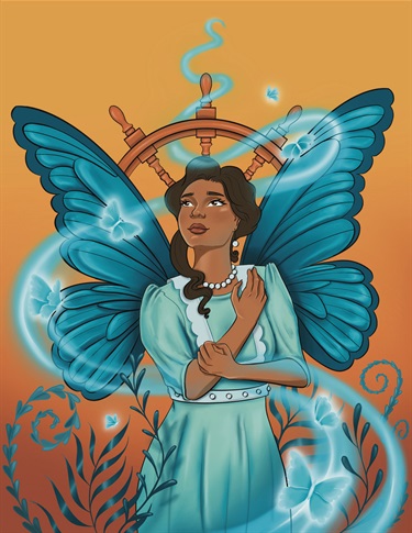 An illustration of a woman with butterfly wings. 