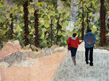 Artwork of two people walking in the forest.