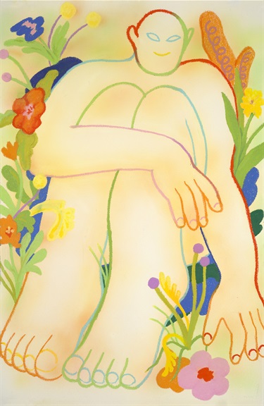 A painting of a person sitting around flowers. 