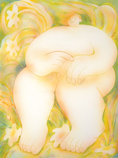 A painting of a person with flowers around them. 