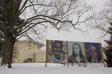 A series of three portrait painting outside in the snow. 