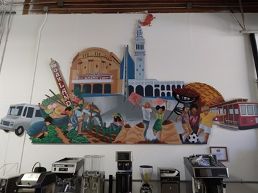 A painting hanging on a white wall. 