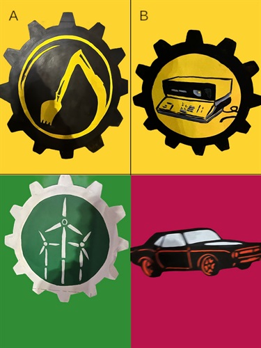 A green, yellow, and pink painting. 