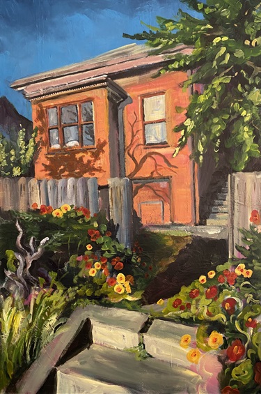 A painting of an entryway of a house.
