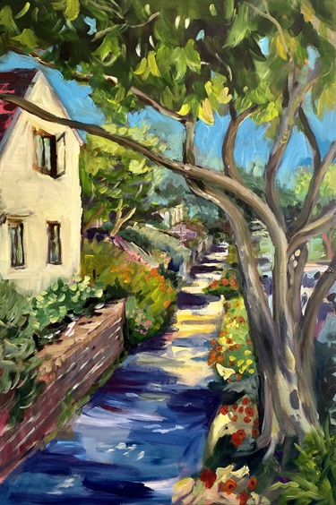 A painting of an entryway of a house.