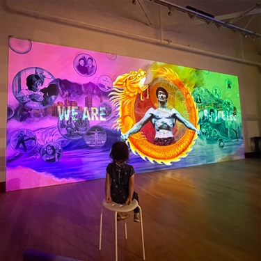 A child viewing a multimedia art installation.