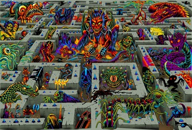 An image of a labyrinth with mythical creatures.