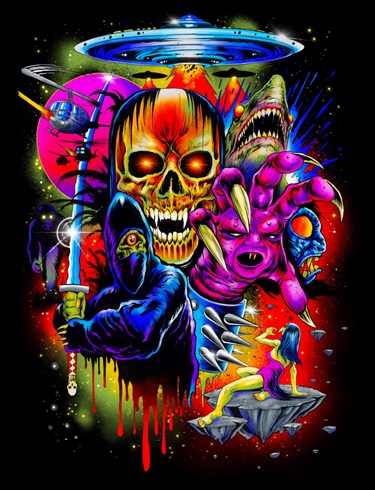 An image of a skull and fantasy figures.