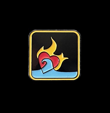 A square with a wave, heart, and flame inside. 