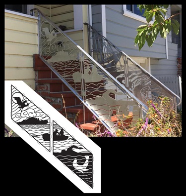 A decorative railing on the entrance of a house.