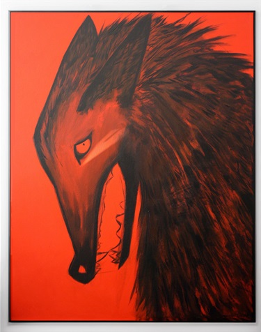 An image of a wolf-like animal on a red background.