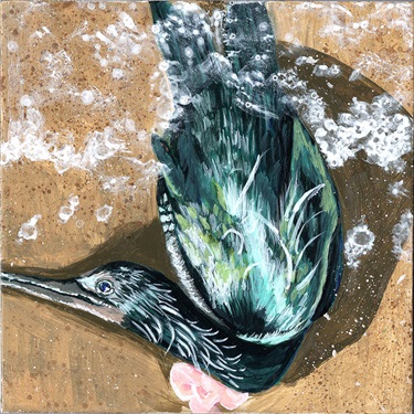 A painting of a bird laying in the sand.