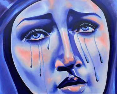A painting of a person with tears on their face. 