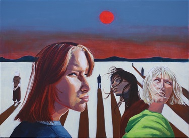 A painting of people in front of a sunset. 