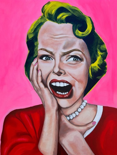 A portrait of a person with a pink background. 