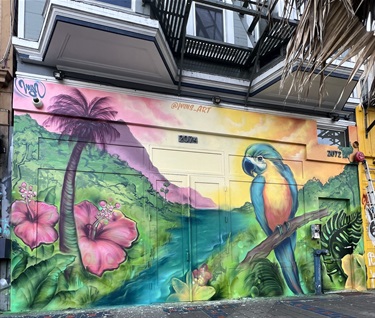 A colorful mural painted on a wall. 