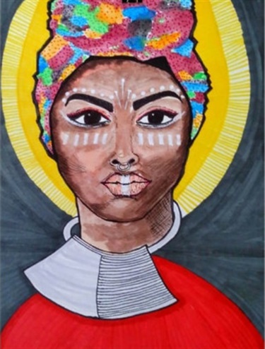 Painting of a person's head and face. 