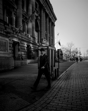 A person walking in a street.