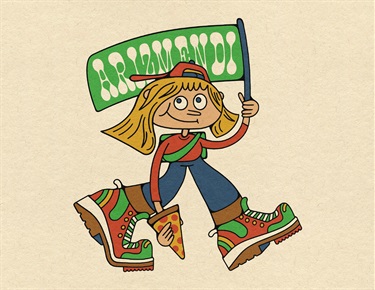 A graphic of a person holding a flag and smiling. 